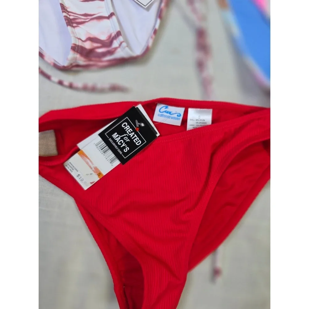 Lot 3 NWT California Waves Hula Honey Bikini Bottoms Red Striped Tie Dye S M
